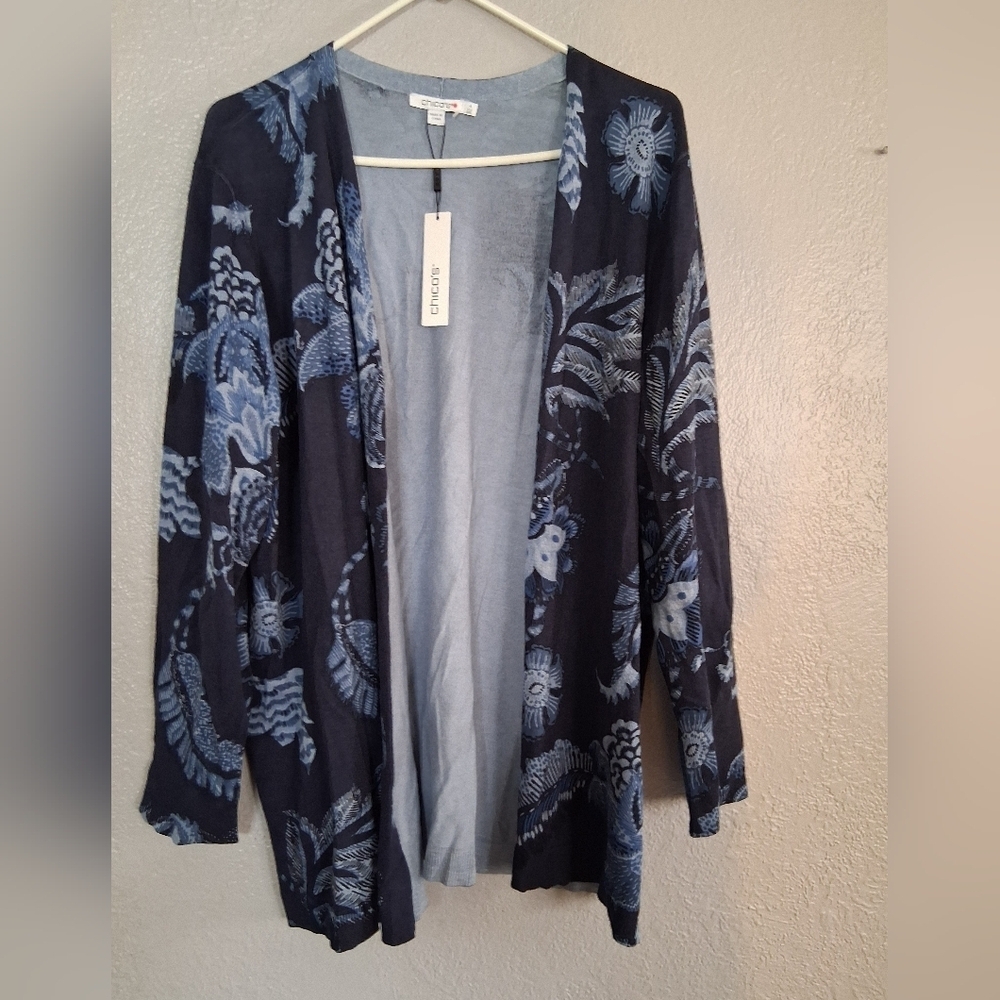 Chico's NWT Blue Medley Floral Sweater Cardigan 4/XXL